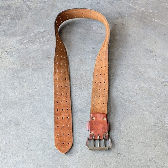 Vintage Brown Leather Three Hole Prong Buckle Wide Belt unisex - Picture 9 of 10